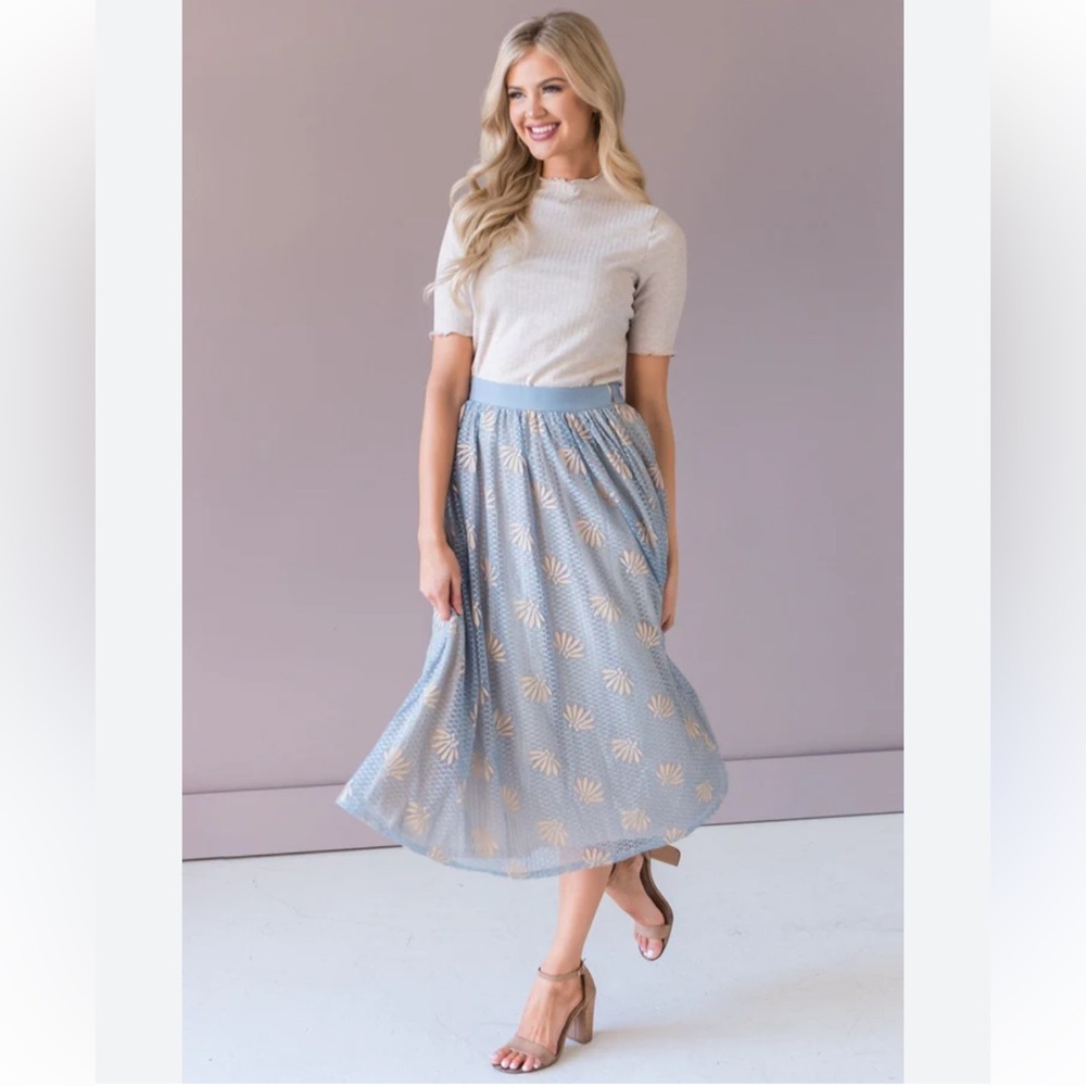 Polagram Light Blue A-Line Skirt with Floral Pattern in size large